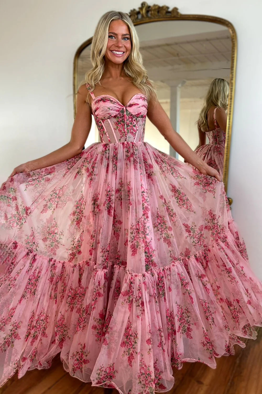 Pink Romantic A-Line Straps Zipper Back Long Print Tulle Prom Party Dress AD811