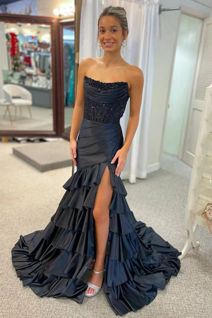 Lovely Mermaid Strapless Lace Top Long Ruffle Satin Prom Dress With Slit AD812