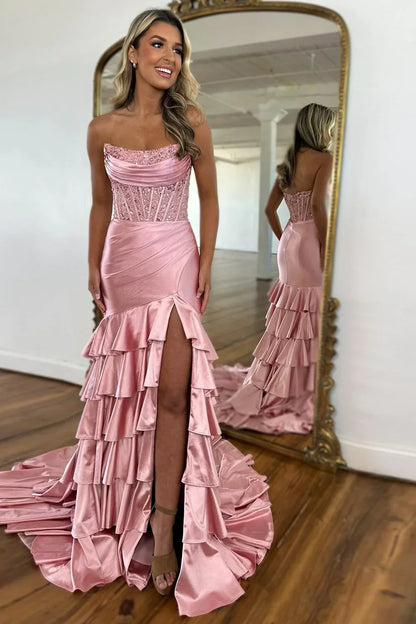 Lovely Mermaid Strapless Lace Top Long Ruffle Satin Prom Dress With Slit AD812