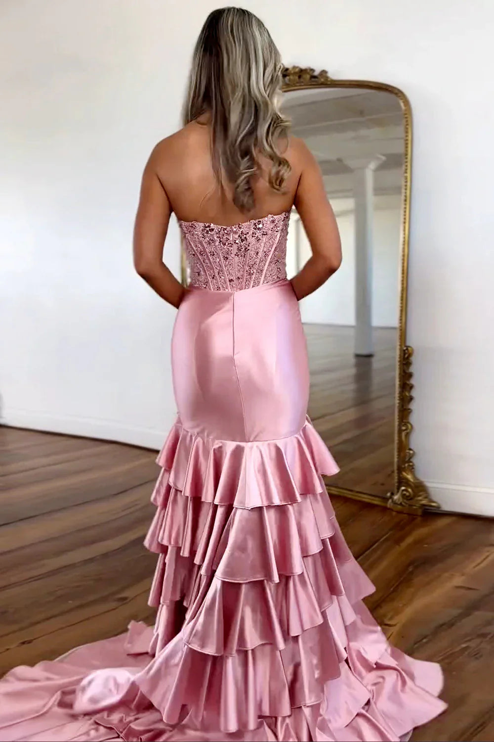 Lovely Mermaid Strapless Lace Top Long Ruffle Satin Prom Dress With Slit AD812