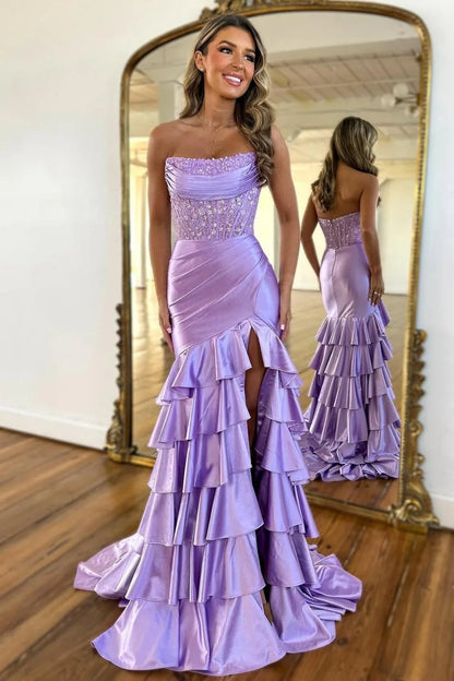 Lovely Mermaid Strapless Lace Top Long Ruffle Satin Prom Dress With Slit AD812