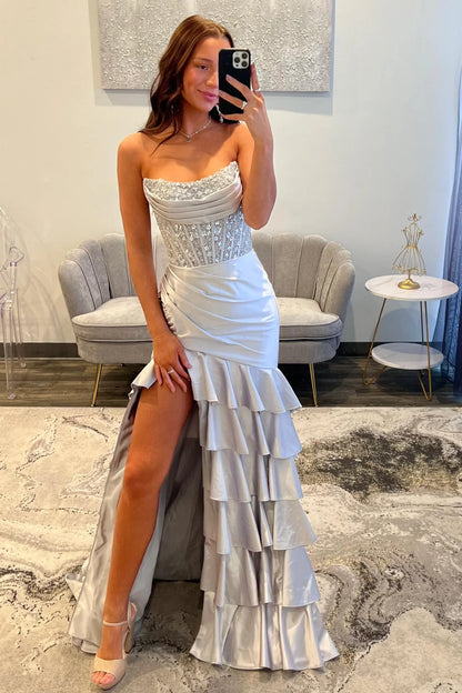 Lovely Mermaid Strapless Lace Top Long Ruffle Satin Prom Dress With Slit AD812
