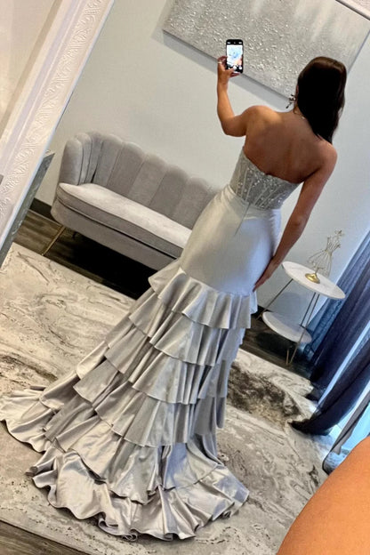 Lovely Mermaid Strapless Lace Top Long Ruffle Satin Prom Dress With Slit AD812
