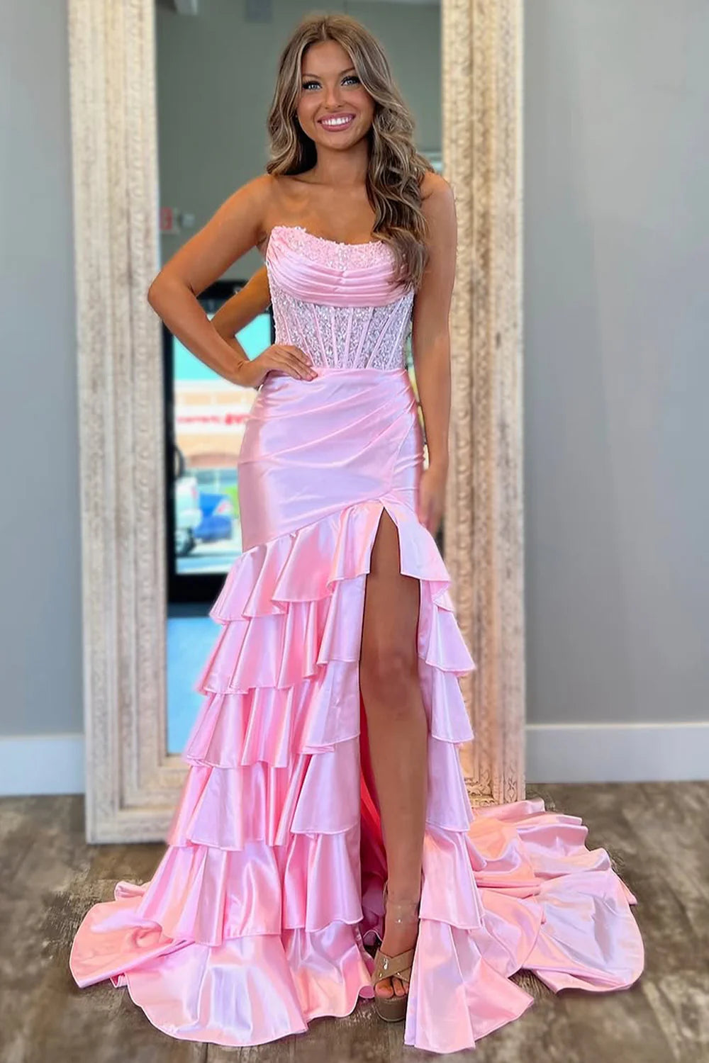 Lovely Mermaid Strapless Lace Top Long Ruffle Satin Prom Dress With Slit AD812