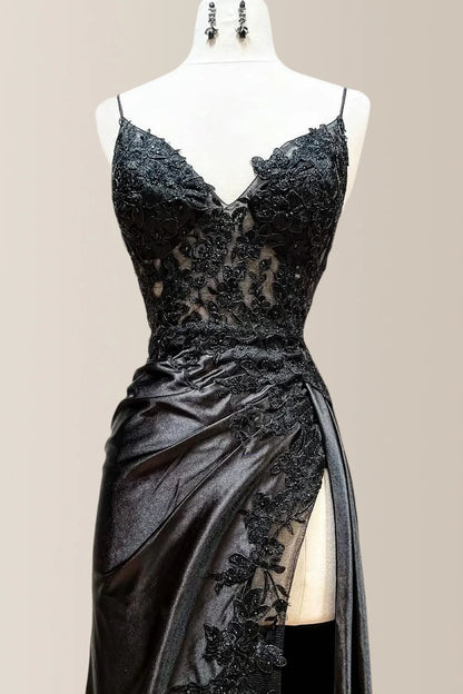 Chic Black Mermaid Spaghetti Straps Lace Up Satin Prom Dress With Appliques AD813