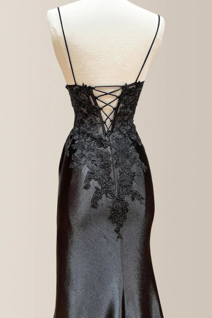 Chic Black Mermaid Spaghetti Straps Lace Up Satin Prom Dress With Appliques AD813