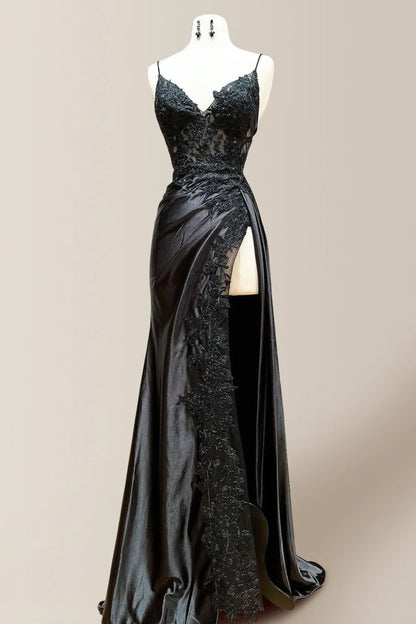 Chic Black Mermaid Spaghetti Straps Lace Up Satin Prom Dress With Appliques AD813