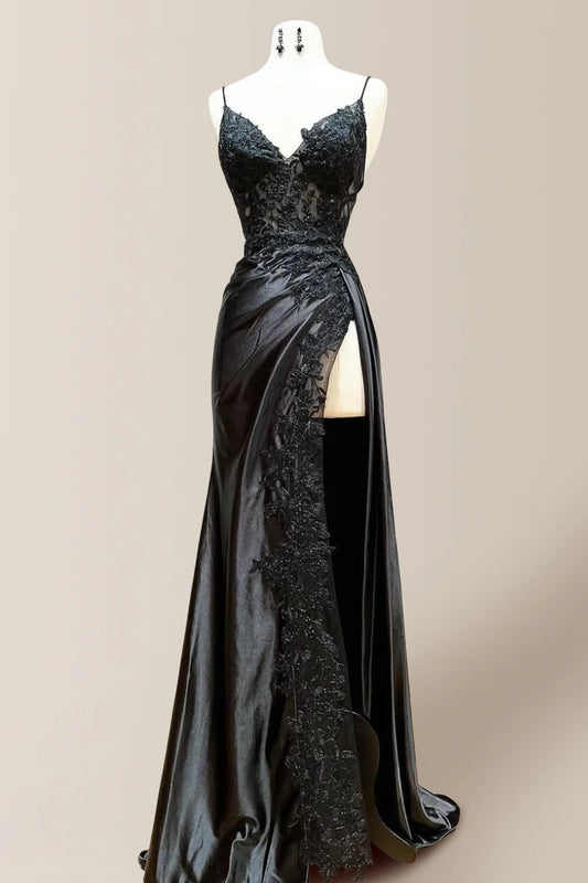 Chic Black Mermaid Spaghetti Straps Lace Up Satin Prom Dress With Appliques AD813