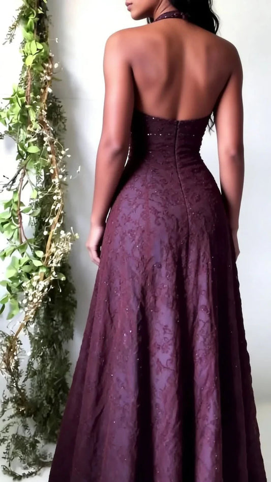 Elegant Plum Halter V Neck A‑Line Beaded Prom Dress AD815