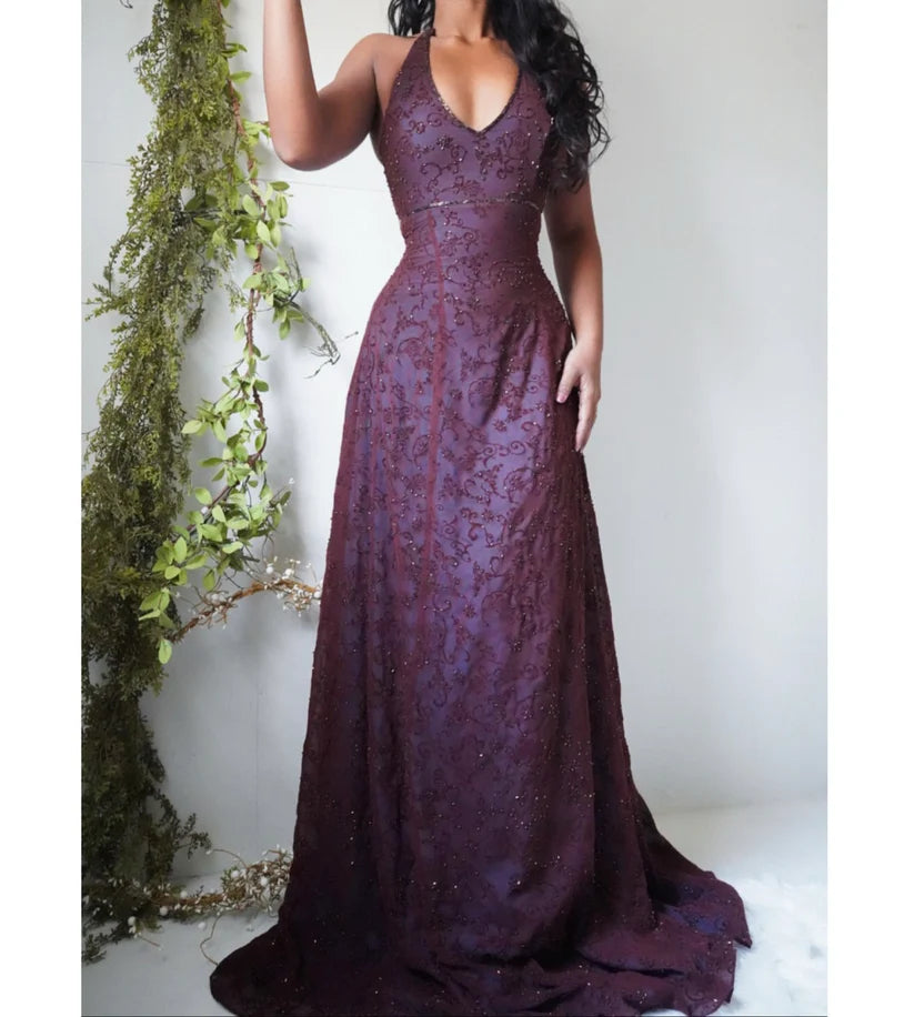 Elegant Plum Halter V Neck A‑Line Beaded Prom Dress AD815