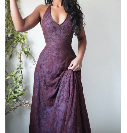 Elegant Plum Halter V Neck A‑Line Beaded Prom Dress AD815