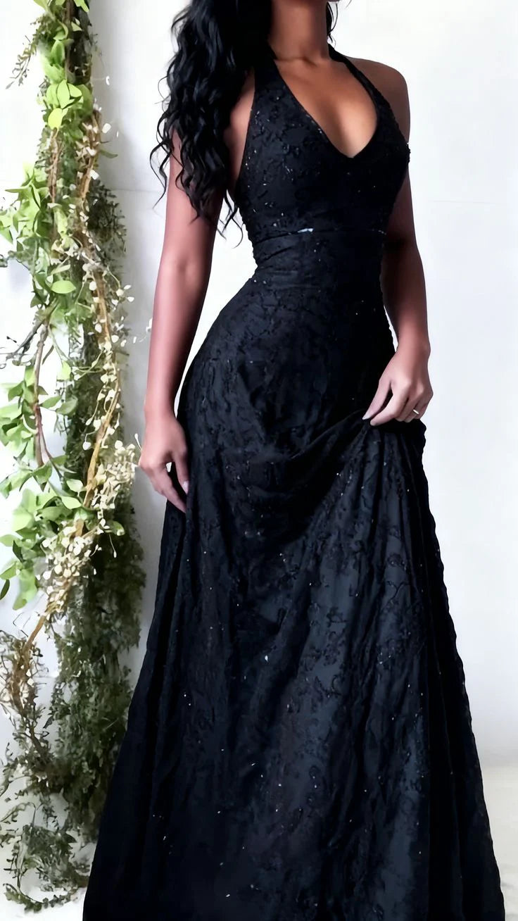 Elegant Plum Halter V Neck A‑Line Beaded Prom Dress AD815