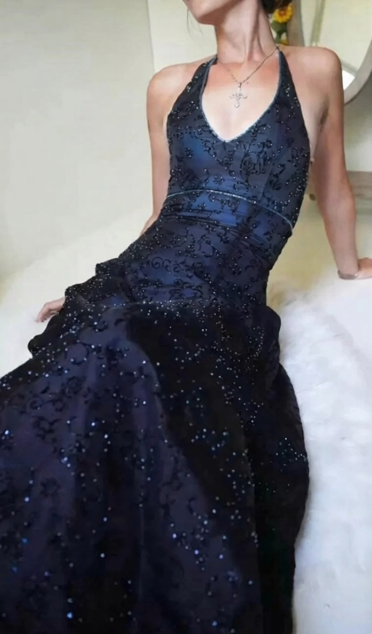 Elegant Plum Halter V Neck A‑Line Beaded Prom Dress AD815