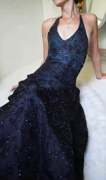 Elegant Plum Halter V Neck A‑Line Beaded Prom Dress AD815