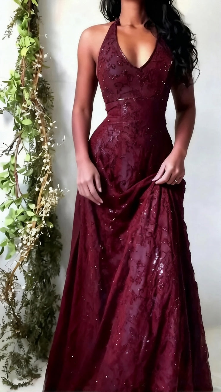 Elegant Plum Halter V Neck A‑Line Beaded Prom Dress AD815
