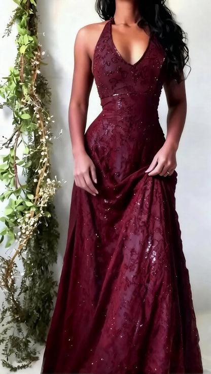 Elegant Plum Halter V Neck A‑Line Beaded Prom Dress AD815