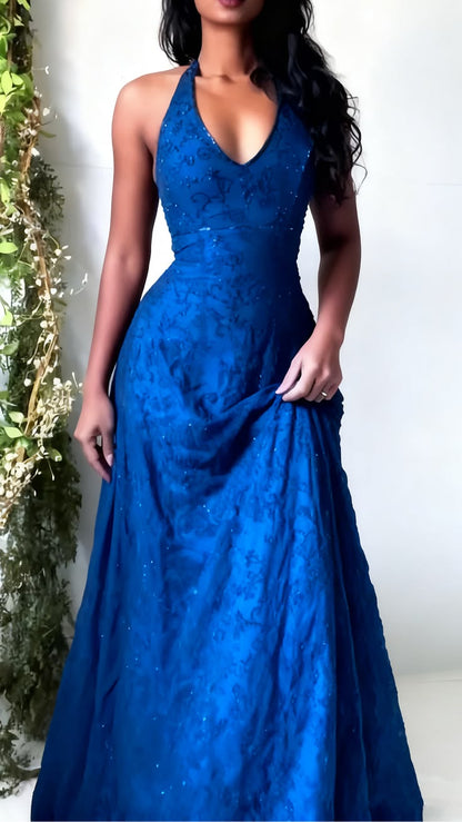 Elegant Plum Halter V Neck A‑Line Beaded Prom Dress AD815
