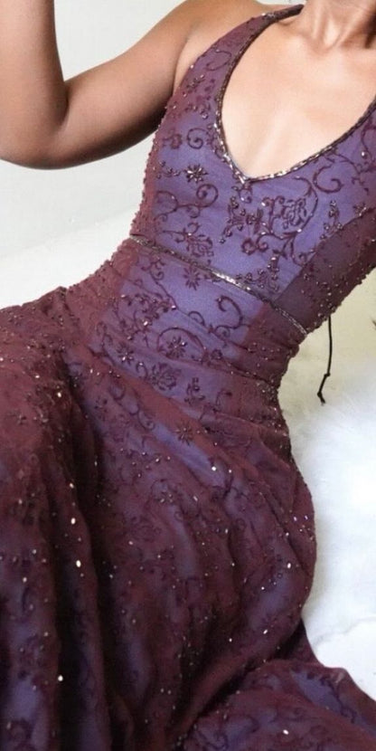 Elegant Plum Halter V Neck A‑Line Beaded Prom Dress AD815
