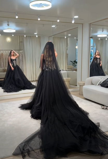 Luxurious Black Tulle Strapless Ball gown With Pearls Corset Bodice Prom Dress AD816