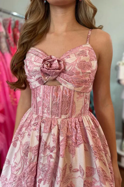 Romantic Pink Floral Ball gown Spaghetti Straps A-Line Prom Dress AD817
