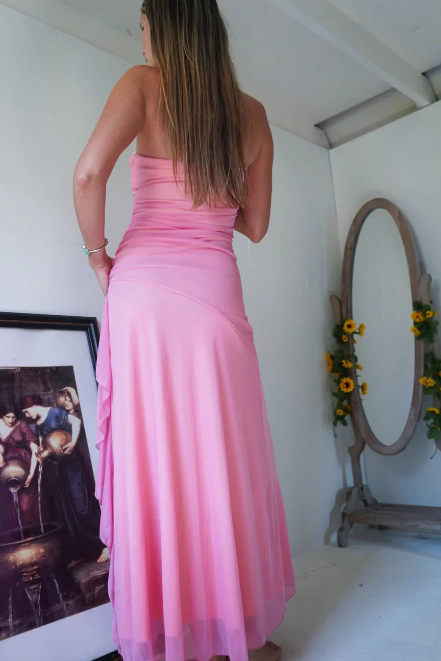 Romantic Pink Strapless Mermaid Prom Dress With Floral Appliques And Ruffle AD818