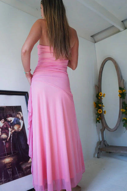 Romantic Pink Strapless Mermaid Prom Dress With Floral Appliques And Ruffle AD818