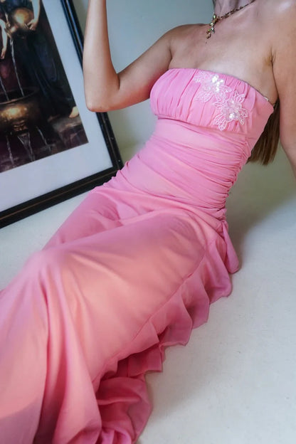 Romantic Pink Strapless Mermaid Prom Dress With Floral Appliques And Ruffle AD818