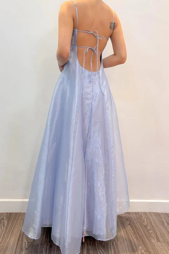 Elegant Spaghetti Straps Lace-Up Tulle A-Line Appliques Party Prom Dress AD819