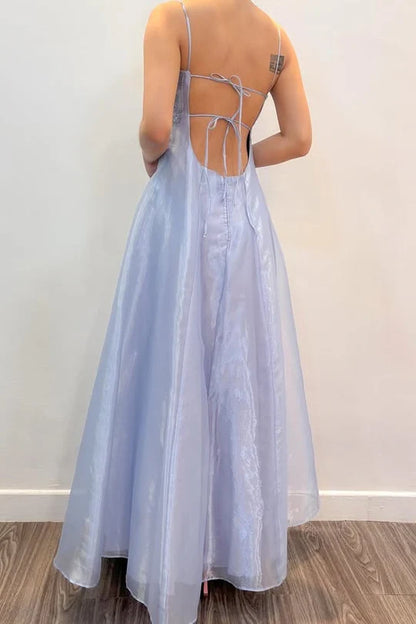 Elegant Spaghetti Straps Lace-Up Tulle A-Line Appliques Party Prom Dress AD819