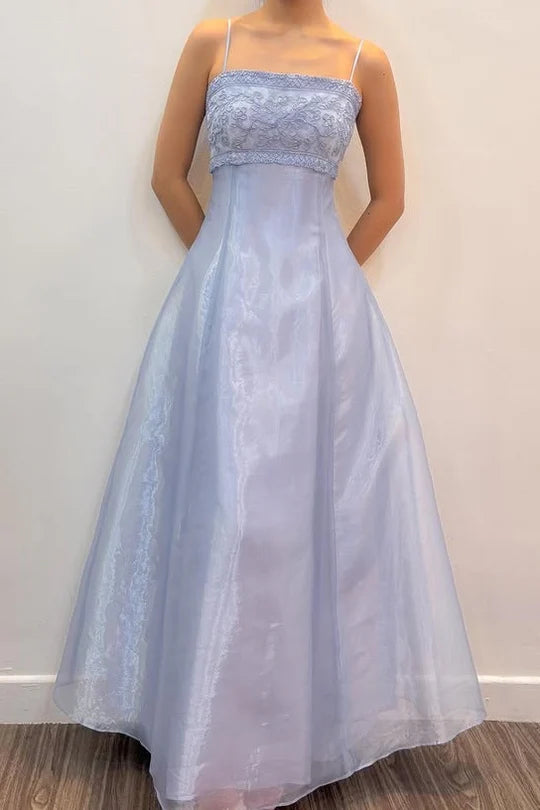 Elegant Spaghetti Straps Lace-Up Tulle A-Line Appliques Party Prom Dress AD819