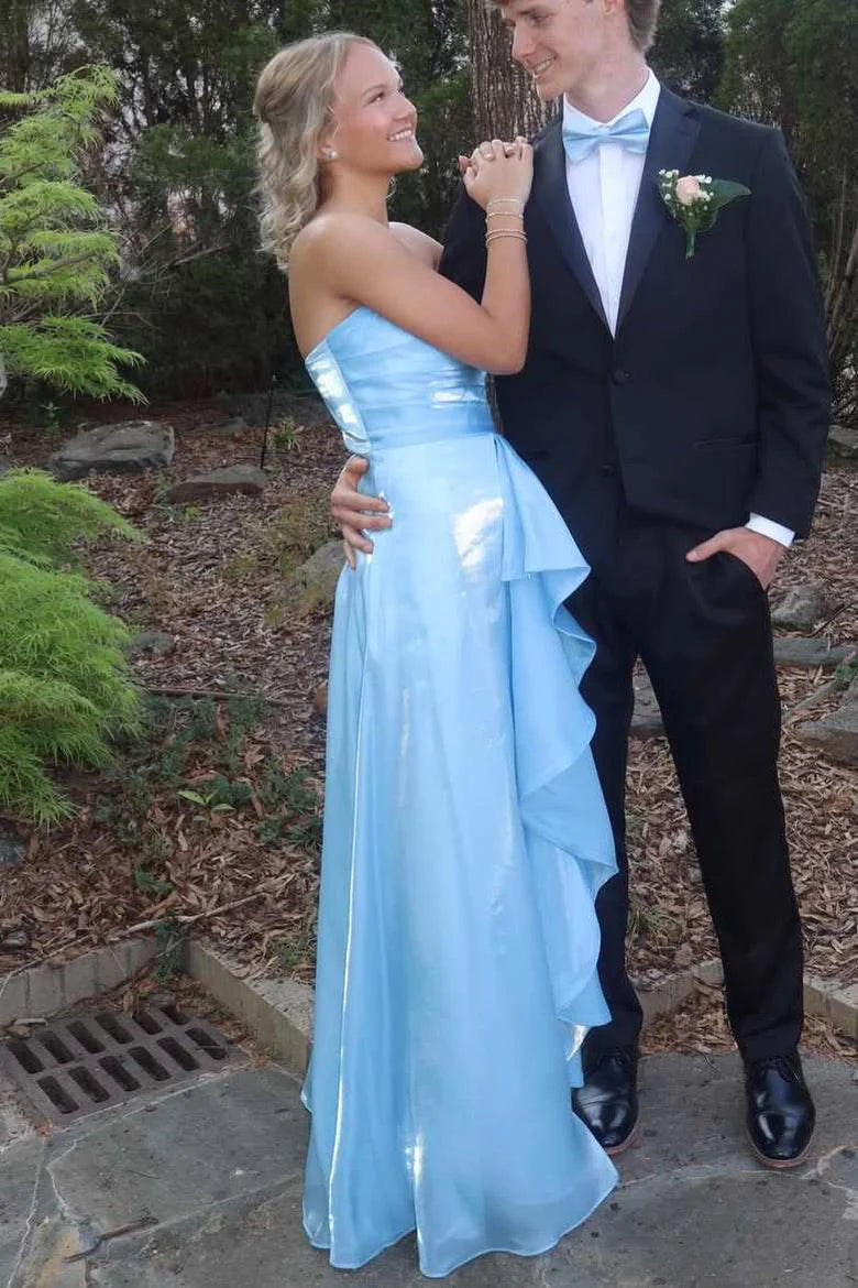 Fashion A-Line Pleated Strapless Split Party Prom Dress With Layered Ruffle Detail AD820