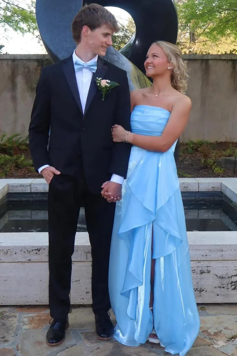Fashion A-Line Pleated Strapless Split Party Prom Dress With Layered Ruffle Detail AD820