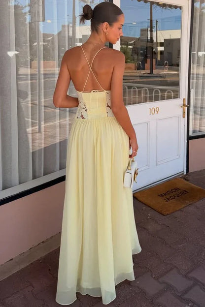 Romantic Light Yellow A‑Line Spaghetti Straps Party Prom Dress With Floral Lace Sheer Top AD823