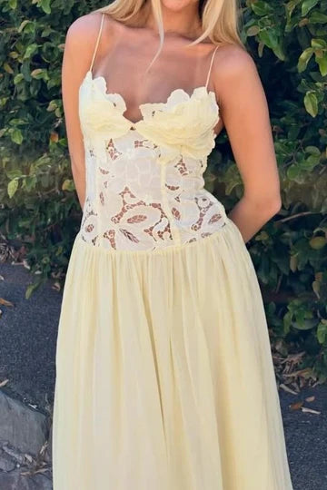 Romantic Light Yellow A‑Line Spaghetti Straps Party Prom Dress With Floral Lace Sheer Top AD823
