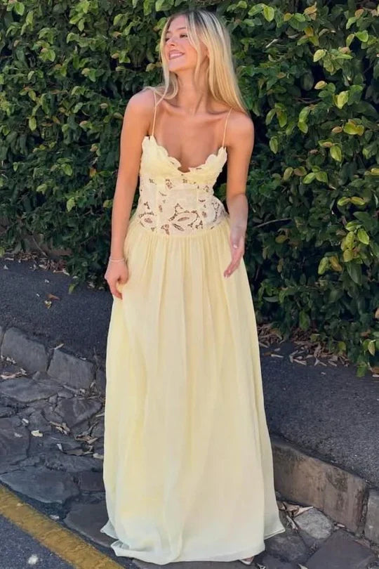 Romantic Light Yellow A‑Line Spaghetti Straps Party Prom Dress With Floral Lace Sheer Top AD823