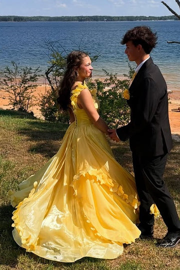 Vibrant Yellow A-Line Straps Floral Ruffle Party Prom Dress AD824