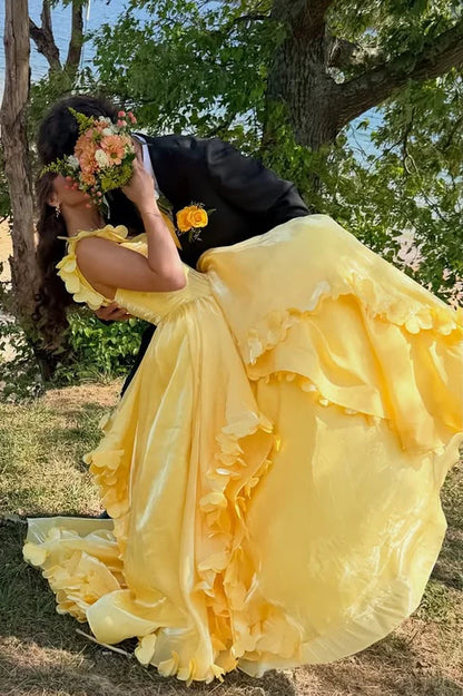 Vibrant Yellow A-Line Straps Floral Ruffle Party Prom Dress AD824