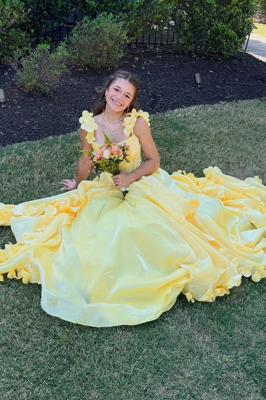Vibrant Yellow A-Line Straps Floral Ruffle Party Prom Dress AD824