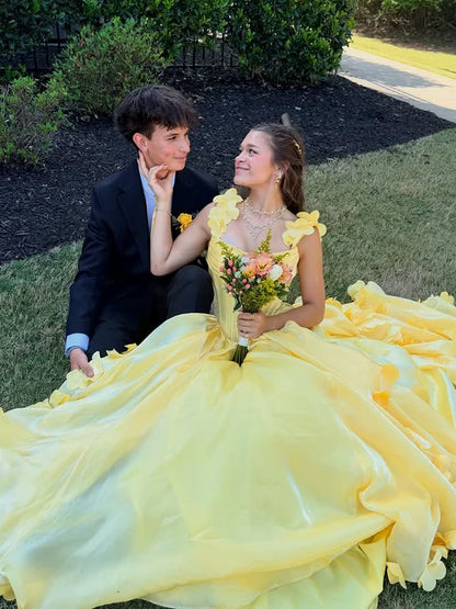 Vibrant Yellow A-Line Straps Floral Ruffle Party Prom Dress AD824