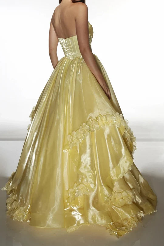 Vibrant Yellow A-Line Straps Floral Ruffle Party Prom Dress AD824