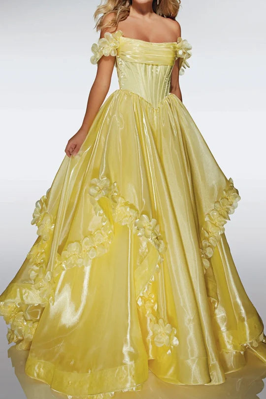 Vibrant Yellow A-Line Straps Floral Ruffle Party Prom Dress AD824