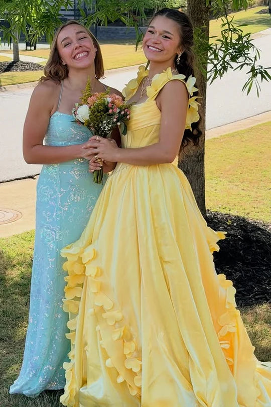 Vibrant Yellow A-Line Straps Floral Ruffle Party Prom Dress AD824
