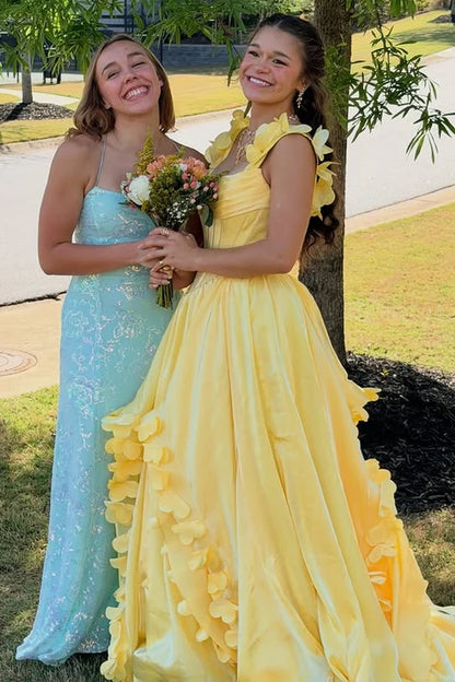Vibrant Yellow A-Line Straps Floral Ruffle Party Prom Dress AD824