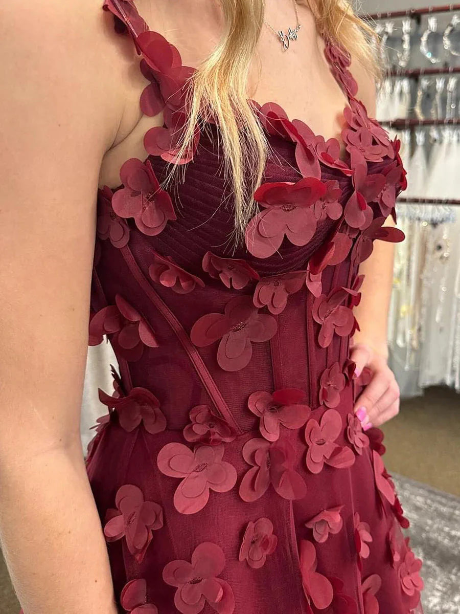 Romantic Burgundy 3D Floral Sweetheart Straps A-Line Leg Slit Party Prom Dress AD825