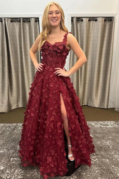 Romantic Burgundy 3D Floral Sweetheart Straps A-Line Leg Slit Party Prom Dress AD825