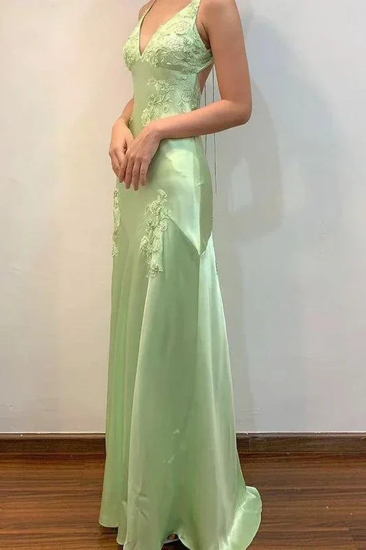 Elegant Light Green Spaghetti Straps Backless V-Neck Appliques Mermaid Party Prom Dress AD827