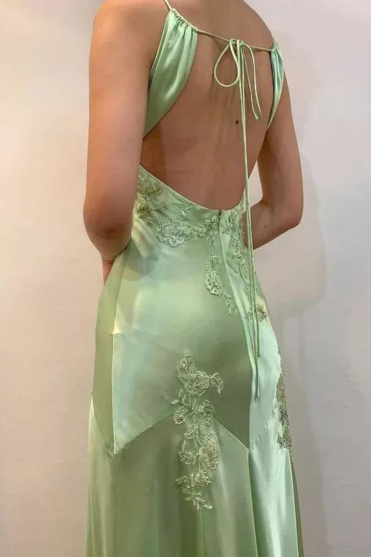Elegant Light Green Spaghetti Straps Backless V-Neck Appliques Mermaid Party Prom Dress AD827