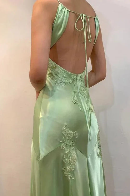 Elegant Light Green Spaghetti Straps Backless V-Neck Appliques Mermaid Party Prom Dress AD827