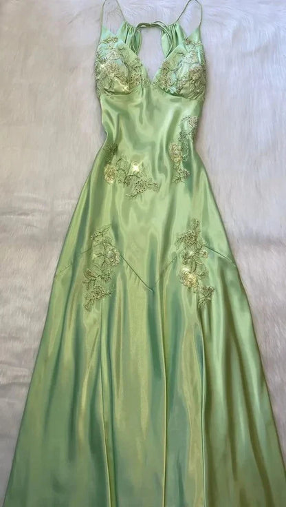 Elegant Light Green Spaghetti Straps Backless V-Neck Appliques Mermaid Party Prom Dress AD827