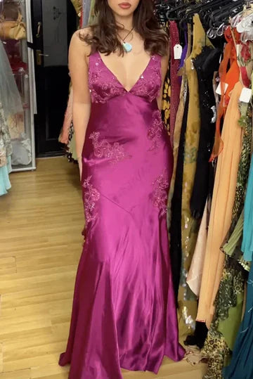 Elegant Light Green Spaghetti Straps Backless V-Neck Appliques Mermaid Party Prom Dress AD827
